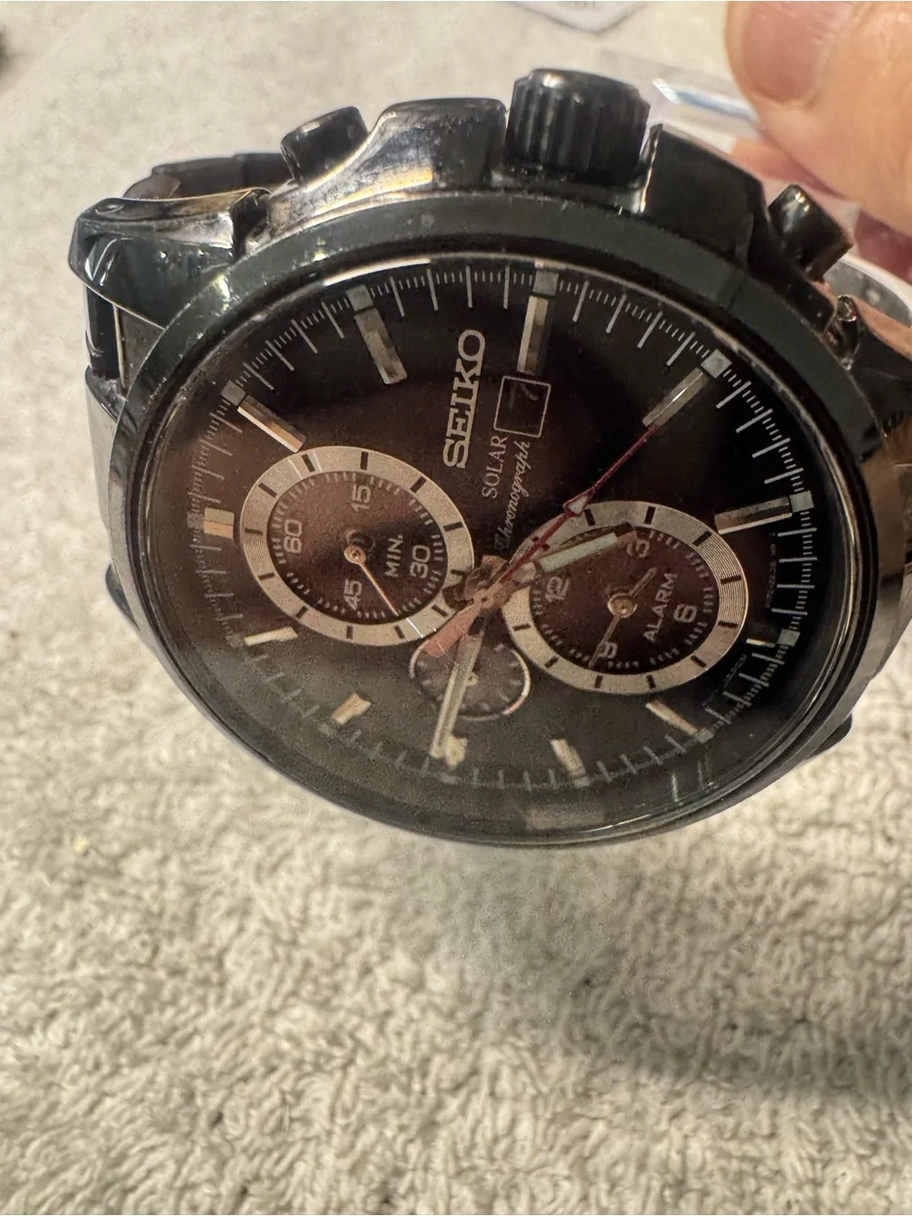 Seiko Black Dial Solar Chronograph Watch with Red Seconds Hand